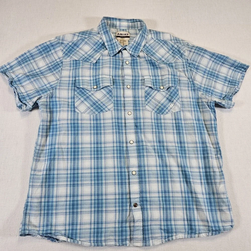 Ariat Men's Halterman Retro Fit Pearl Snap Blue Plaid Short Sleeve Shirt Size XL
